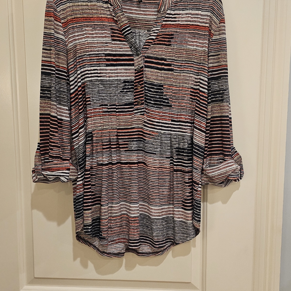 new directions Striped V-Neck Tunic in Black, White & Coral